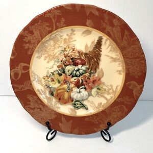 222 Fifth HARVEST Salad Plate with Fall cornucopia, pumpkins and leaves EUC